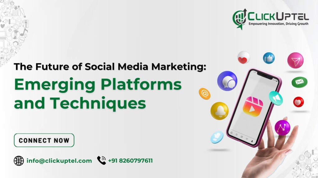 A hand holds a phone aloft, surrounded by social media icons, symbolizing the future of digital connection.