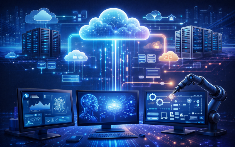 Cloud computing and AI-driven IT infrastructure with hybrid cloud systems and automated operations in 2026