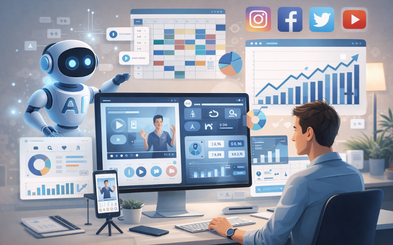 Editorial illustration showing social media marketing ROI measurement with lead generation funnels, analytics dashboards, and revenue growth metrics.
