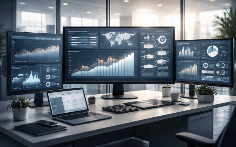 Modern marketing analytics workspace displaying AI-driven dashboards and campaign performance metrics