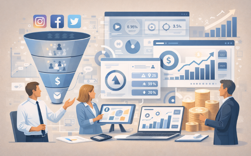 Editorial illustration showing social media marketing ROI measurement with lead generation funnels, analytics dashboards, and revenue growth metrics.