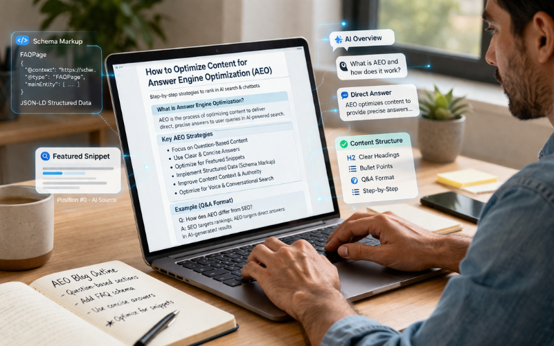 Content creator optimizing structured content with schema markup for AI search and answer engines