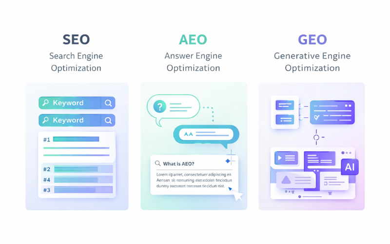 Comparison of SEO AEO and GEO showing keywords answers and AI generated content flow