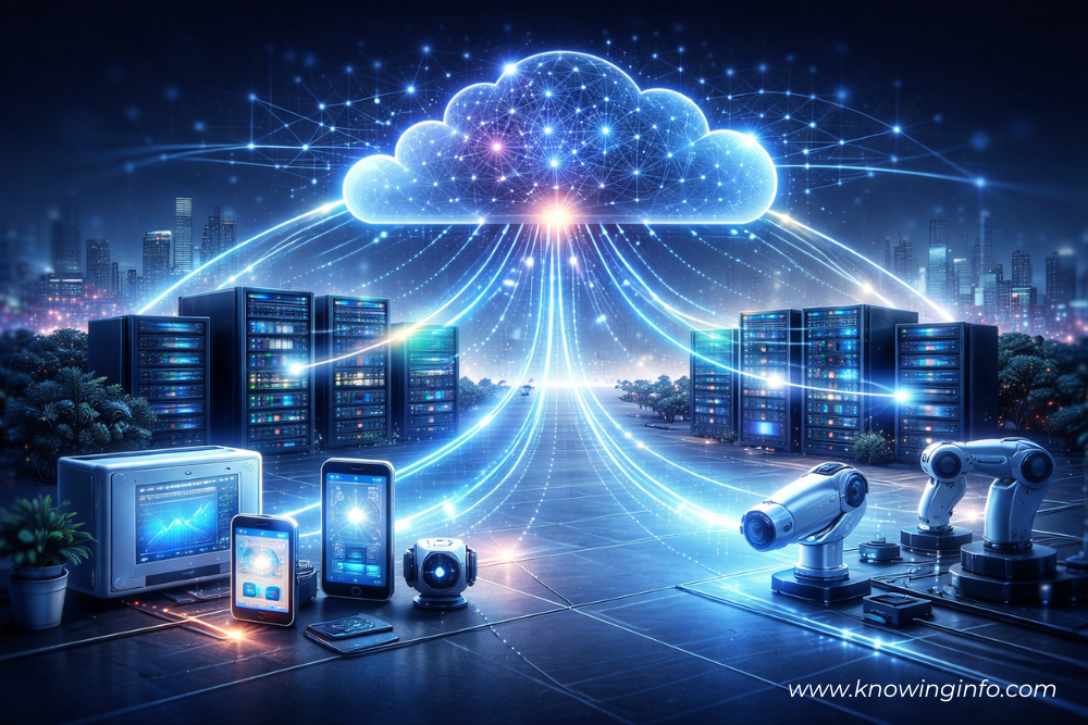 Edge computing devices and sensors sending real-time data to AI-powered cloud infrastructure for analytics and automation